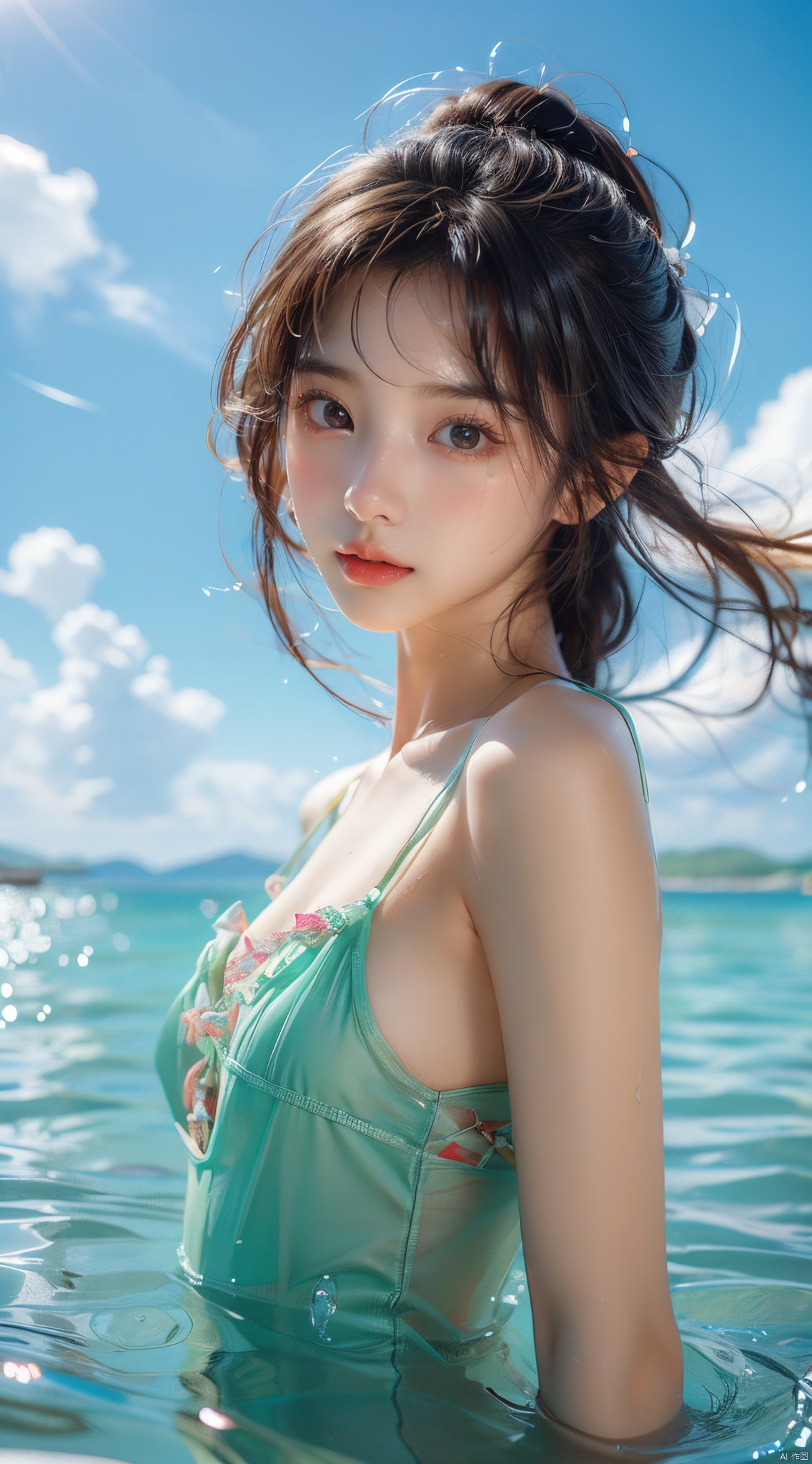  best quality, masterpiece,little girl,12 years old,beautiful detailed eyes,aqua eyes,solo,bunches,bangs,cute face,swimsuit,Playing in the water by the beach,realistic,8k, xiqing