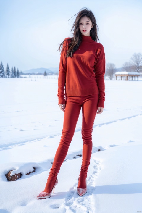  Full-body photos of a girl, red sweater, bare long legs, high heels, winter, realism, HD 16K, snow, winter, 1girl,high_heels,underwear