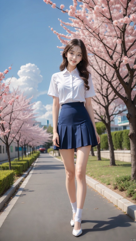 Best Quality, Super High Resolution, a girl (full body photo,) outdoors, white clothes, blue skirt, JK, uniform, long hair fluttering, cherry blossom background, Blue Sky White Clouds, breeze, side face, looking to the side