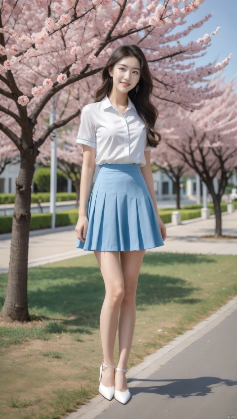 Best Quality, Super High Resolution, a girl (full body photo,) outdoors, white clothes, blue skirt, JK uniform, uniform, full chest, long legs, long hair fluttering, cherry blossom background, blue sky, White Clouds, breeze, turn your face sideways and look to the side, tutututu, lvshui-green dress
