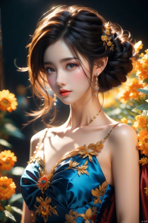  A short-haired beauty, peacock princess, large breasts, in the bedroom is surrounded by rape flowers, black background highlights her silhouette and mystery. The most beautiful works of art, high-definition photos, in the dark bedroom, a mysterious woman sexy and beautiful, in the canola flowers, popular on ArtStation and CGSociety, intricate, detailed, focused, dramatic, graphic artwork by Midtrip and Greg Rutkowski.