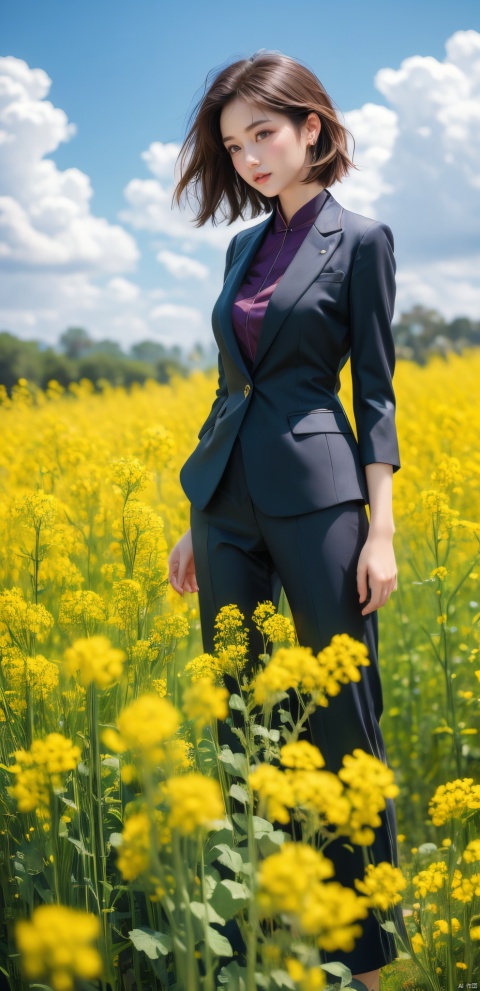  A elegant woman in a dark suit with golden short hair, standing in a field of blooming rapeseed flowers against a backdrop of blue sky and white clouds, gentle breeze blowing, causing her clothes corner and hair to flutter slightly, high quality full HD picture, art painting by famous artist., Light master, ((poakl)), (\meng ze\)