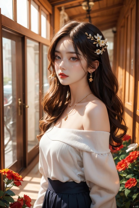  1 girl, jewelry, solo, earrings, long hair, forehead markings, black hair, necklace, bare shoulders, flowers, red lips, hair flowers, upper body, skirt, off shoulder, facial markings, head down, makeup, lips, candles, collarbones, long sleeves, tears streaming down, crying, Tyndall effect, 8k, large aperture, masterpiece of the century, sit, maple leaf, doorway, corridor, Sun on face, (\meng ze\)