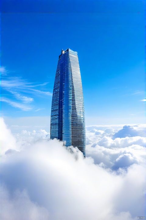 一座现代都市中的摩天大楼,在半空中的云层中若隐若现,周围是飘动的白云和蓝天。