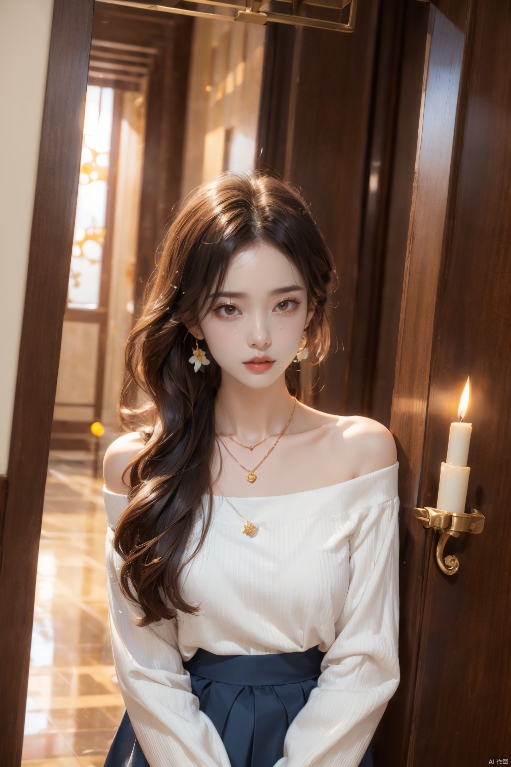  1 girl, jewelry, solo, earrings, long hair, forehead markings, black hair, necklace, bare shoulders, flowers, red lips, hair flowers, upper body, skirt, off shoulder, facial markings, head down, makeup, lips, candles, collarbones, long sleeves, tears streaming down, crying, Tyndall effect, 8k, large aperture, masterpiece of the century, sit, maple leaf, doorway, corridor, Sun on face, (\meng ze\)