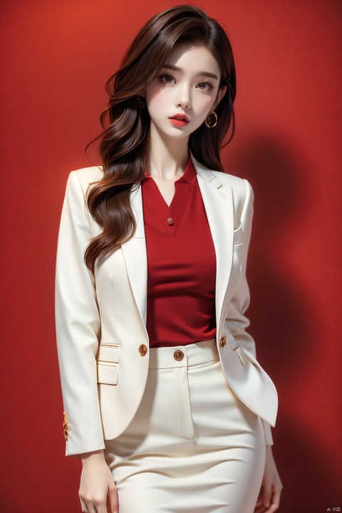  A glamorous beauty in a semi-body portrait, donning a suit jacket and white shirt, lips painted with striking red lipstick, looking incredibly refined. Set against a pure red backdrop that contrasts sharply with her attire. Fully detailed high-definition image of the elegant lady in formal wear against a vibrant red background, sophisticated, sensual, sharp focus, vivid color, photorealistic art by top photographers, trending on Unsplash, popular on Pinterest, Instagram worthy, Tumblr style, high quality digital photo., xiqing, ((poakl))