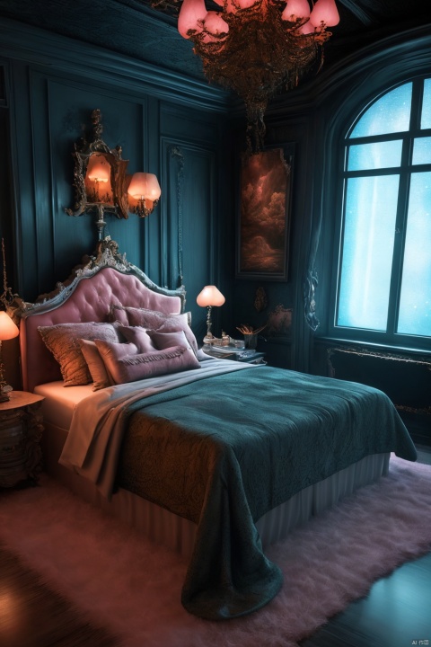 A dreamlike bedroom filled with wonders, walls adorned with paintings of various shapes and colors, the ceiling decorated with colorful lanterns, the bed covered with pink sheets, the bedside table adorned with various trinkets, a beautiful starry sky visible through the window, high quality picture, sharp focus, intricate details, vibrant colors, surreal, fantastical, magical, whimsical, dreamy, enchanting, serene, cozy, inviting, peaceful, tranquil, warm, comfortable, homely, welcoming, enveloping, embracing, captivating, mesmerizing, immersive, engaging, entrancing, bewitching, enchanting, alluring, captivating, enticing, enthralling, riveting, spellbinding, fascinating, mesmerizing, intoxicating, hypnotic, entrancing, alluring, captivating, enticing, enthralling, riveting, spellbinding, fascinating, mesmerizing, intoxicating, hypnotic, entrancing.