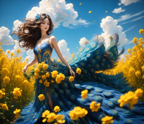  A girl wearing a peacock blue dress standing in the golden rapeseed flower field, her hair gently swaying in the breeze, bathed in sunlight, making her look like a fairy. Behind her is an endless sea of rapeseed flowers, with blue skies, white clouds, and rolling hills in the distance. High-definition photo of a girl in a peacock-blue dress standing in a rapeseed flower field, with long hair fluttering in the wind, bathed in golden sunlight, looking like a fairy, with a vast sea of rapeseed flowers, blue sky, white clouds, and rolling hills in the background. Sharp focus, high-quality picture, dramatic, photorealistic painting art by midjourney and greg rutkowski., Light master