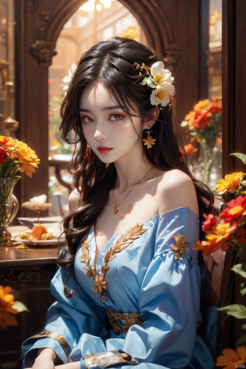  1 girl, jewelry, solo, earrings, long hair, forehead markings, black hair, necklace, bare shoulders, flowers, red lips, hair flowers, upper body, skirt, off shoulder, facial markings, head down, makeup, lips, candles, collarbones, long sleeves, tears streaming down, crying, Tyndall effect, 8k, large aperture, masterpiece of the century, sit, maple leaf, doorway, corridor, Sun on face, (\meng ze\)