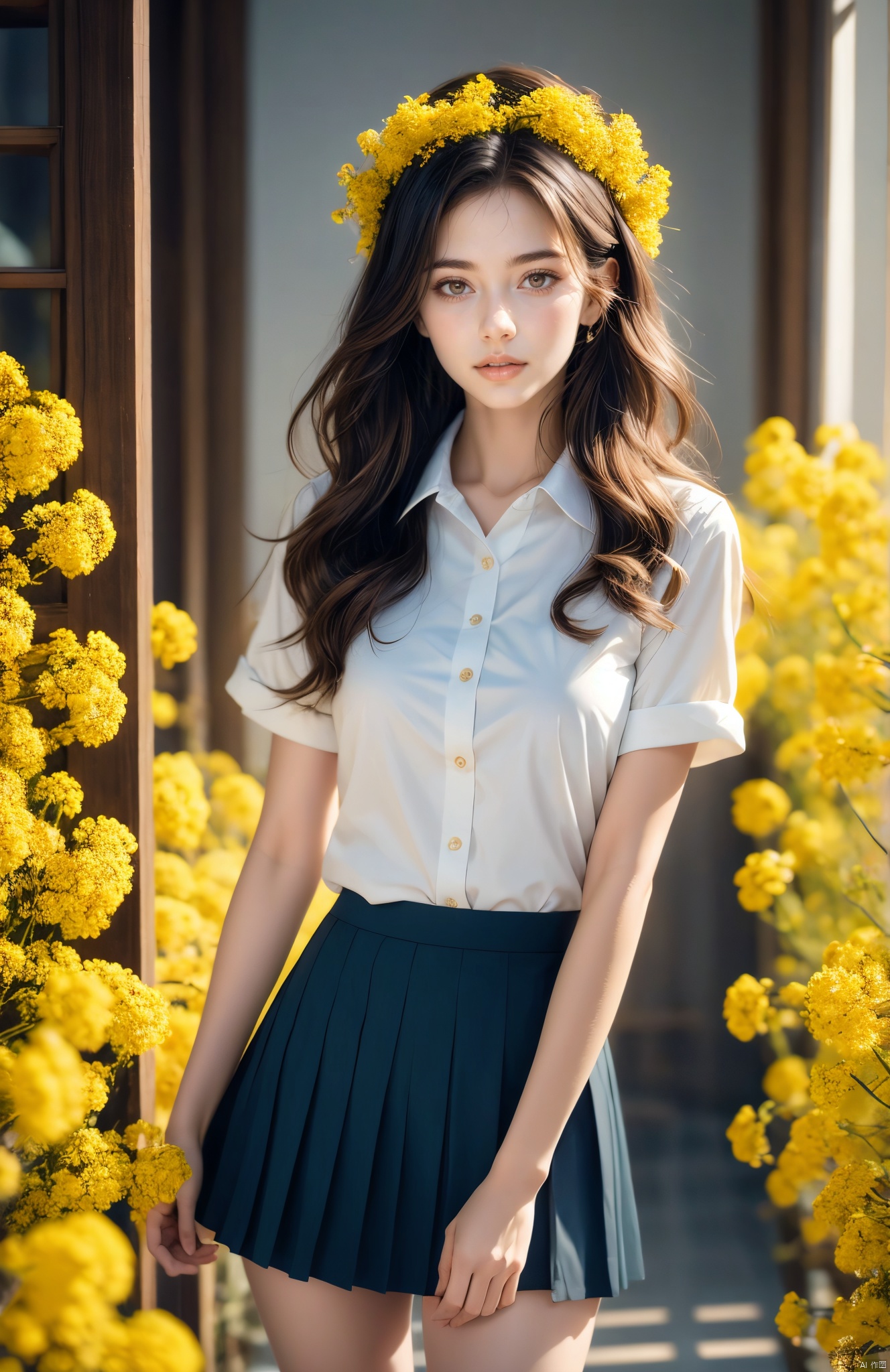 A pretty young girl was in a room, dressed in a JK uniform and short skirt, showing off her long legs, sexy, bare breasts, medium breasts, with a wreath on her head and a bunch of bright yellow canola flowers in her hand. The background is solid black with cinema-quality lighting. Sharp focus, high resolution photos of the world's most beautiful artwork, a young girl in a JK uniform holding rape flowers in an indoor setting with cinematographic lighting, shot by Greg Rutkowski, popular on ArtStation, intricate, high detail, sharp focus, dramatic, realistic painting art., tutututu