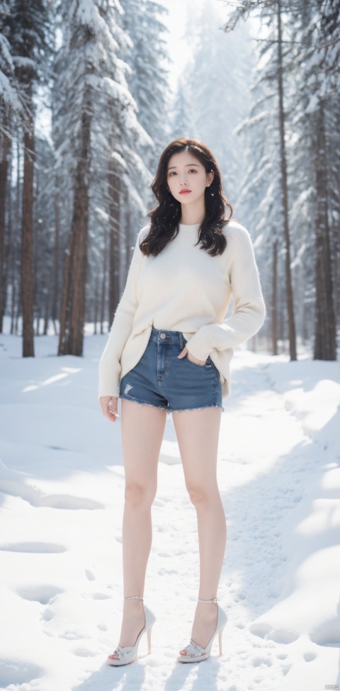  Full-body photos of a girl, Winter, realism, HD 16k, snow, winter,sexy Short 
 jeans, light master,Huge flowers, bare long legs, high heels, light rays,
snowfield,snow mountain,