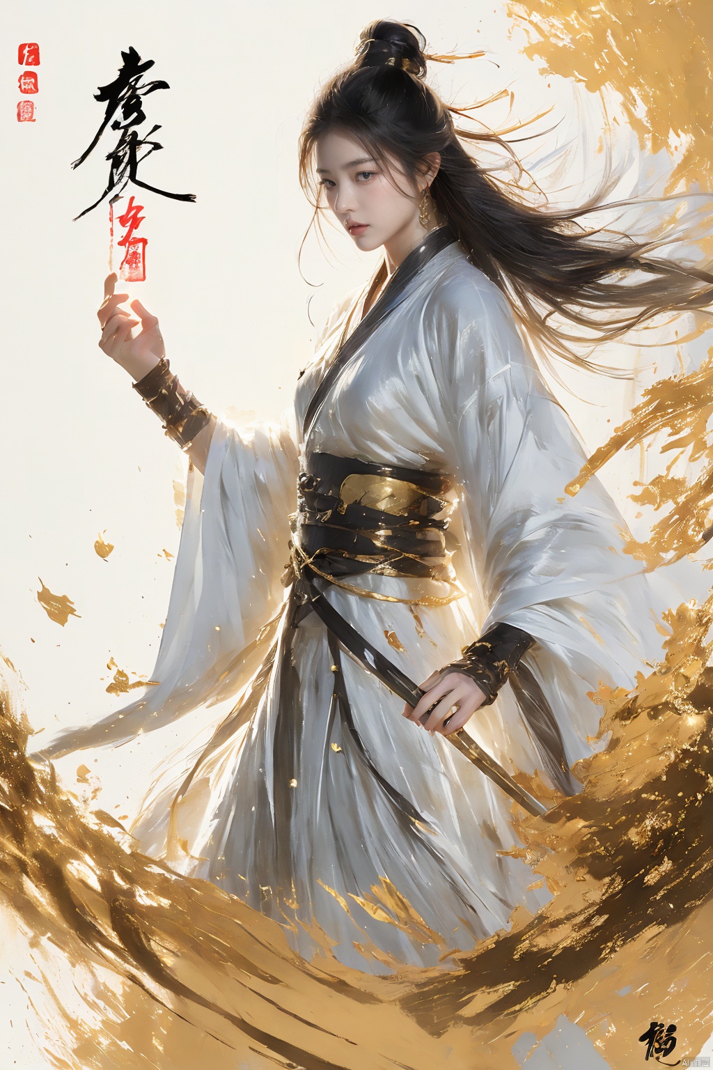  a woman with white hair holding a glowing ball in her hands, white haired deity, by Yang J, heise jinyao, inspired by Zhang Han, xianxia fantasy, flowing gold robes, inspired by Guan Daosheng, human and dragon fusion, cai xukun, inspired by Zhao Yuan, with long white hair, fantasy art style,,Ink scattering_Chinese style, smwuxia Chinese text blood weapon:sw, lotus leaf, (\shen ming shao nv\), gold armor