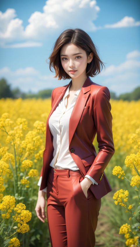 A lady in a red suit with golden short hair, exuding elegance, standing amidst blooming rapeseed flowers under a clear blue sky with white clouds, gentle breeze blowing, high resolution photo of the most beautiful artwork in the world featuring elegant woman in red suit standing in canola fields, smiling, blonde hair, casual chic style, serene countryside, vibrant yellow flowers, springtime, fashionable, trending on ArtStation, trending on CGSociety, Intricate, High Detail, Sharp focus, dramatic, photorealistic painting art by midjourney and greg rutkowski.