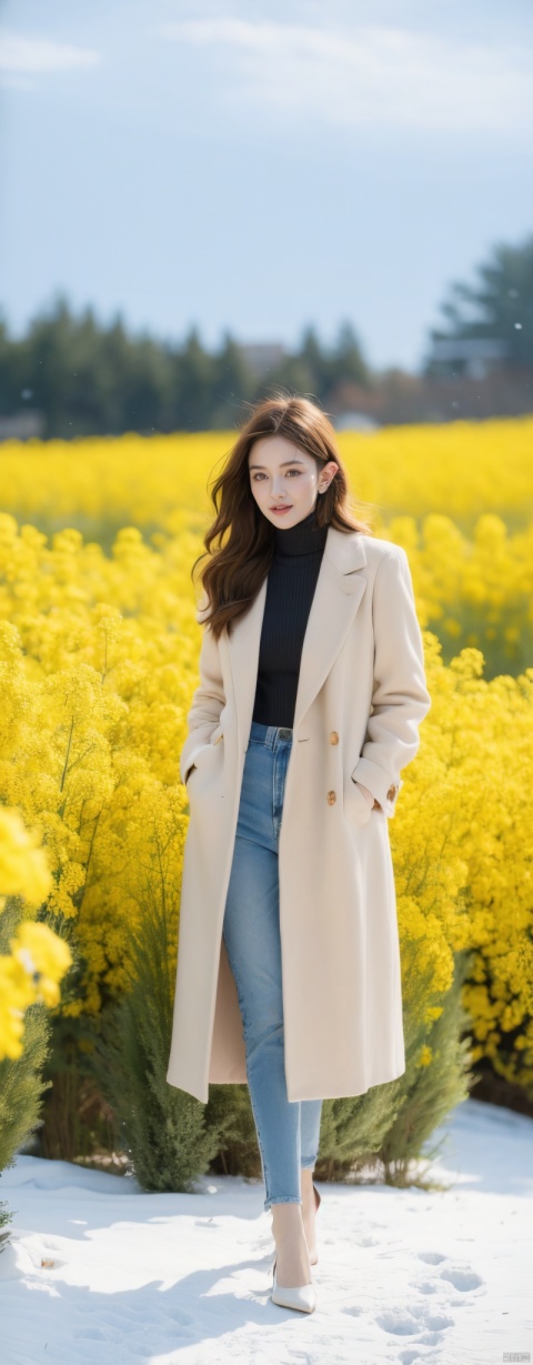 A woman in a red tweed coat, short blonde hair, standing gracefully among canola flowers, snowflakes falling from the sky, snowflakes covering the earth, thick snow, a high-definition photo, an elegant woman, long coat, blonde hair, long legs, bare legs, high heels, standing in a rape field, snowflakes falling, Snowflakes falling on the ground, this photo was taken by Greigg Ruttkowski at Artstation, this is a photo-realist painting by Medrich, Dog pug