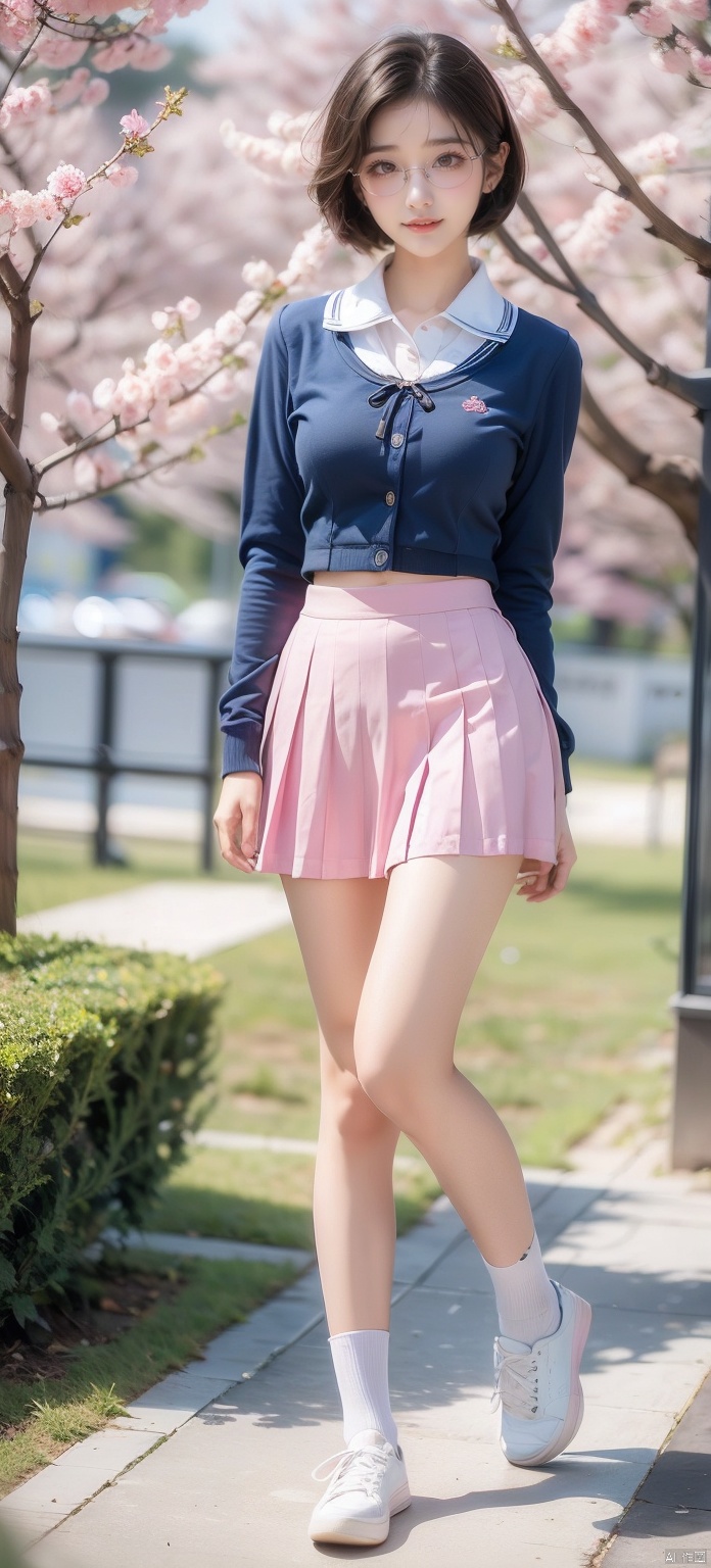  Best Quality, masterpiece, navy blue background, (Pure Blue-16K-1JK, JK, uniform, 1 girl, glasses, blonde short hair, school uniform, pink skirt, sneakers, body, petals falling, cherry blossom background, big breasts, Light master