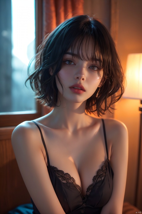  (RAW photo, best quality), (realistic, photo-realistic:1.2), 1girl,middle breasts,Cleavage,undergarments,Upper body, high quality, (high detailed skin:1.4), puffy eyes, gorgeous hair, (dark room:1.3), (rim lighting:1.3), (dimly lit:1.3), (dark night:1.3), indoors, portrait, black hair, dark background, short hair, 1 girl