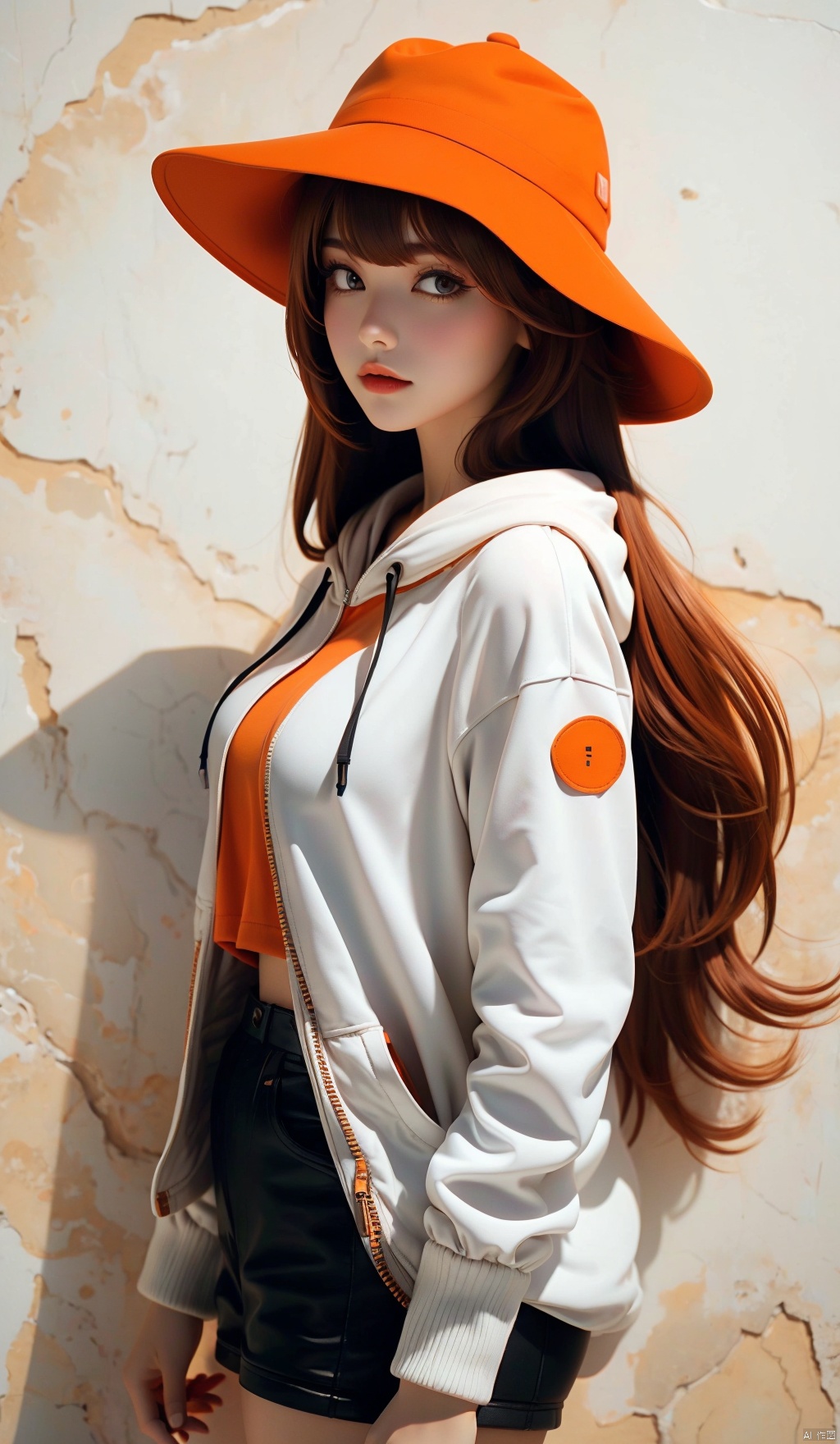  1 girl, Solo, Big Boobs, sexy, long hair, bangs, brown hair, long sleeves, hat, shut up, upper body, signature, hat, orange hair, from side, hoodie, side, Shadow, hat Down, hand in pocket, white hoodie, (Mengze) 