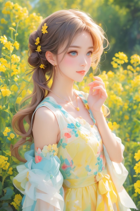  A sexy beauty with a bun, half-body portrait, standing in a sea of rapeseed flowers, charming eyes, sweet smile, surrounded by blooming yellow rapeseed flowers, forming a beautiful picture, high quality picture, full HD picture, 8K resolution, photorealistic, intricate details, sharp focus, vibrant colors, trending on ArtStation, trending on, Studio Ghibli, heart professional majestic oil painting, popular on DeviantArt, concept art, artwork, lvshui-green dress, Light master, (\meng ze\), watercolor \(medium\)