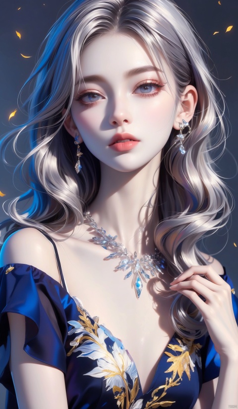  (best quality:1.4), (masterpiece:1.4), ultra-high resolution, 8K, CG, exquisite, upper body, lonely, Thumbelina, little princess, blue taffeta court dress, snowflake background, detailed facial features, silver-gray hair, almond-shaped eyes, intricate eye makeup, long eyelashes, gray eyes and starry gaze, intricate lip details, soft and harmonious style