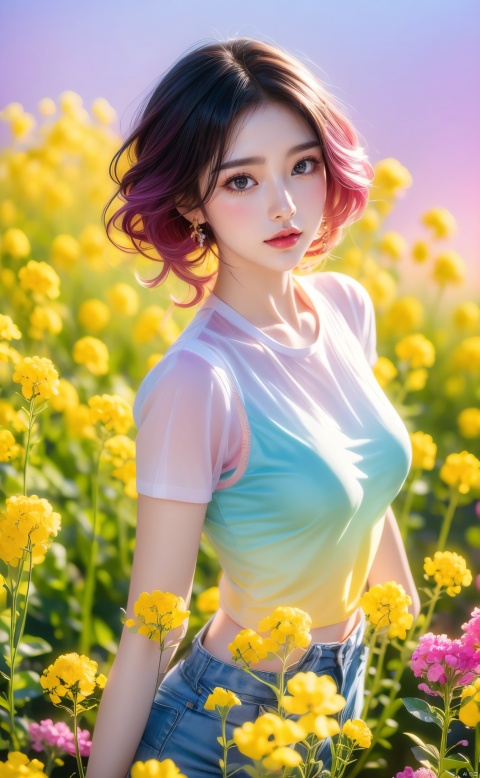  1 girl,(gradient hair:1.4) , gradient clothes,(rape flower) , sea of flowers, white transparent skin, seen from above,using lots of yellow flowers, soft light, masterpiece, best quality, 8K, HDR, flowers, gradient