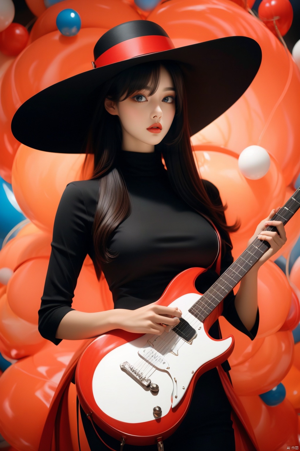  A person wearing a Memphis style outfit, with a large hat and holding a guitar, standing in front of a brightly colored geometric background. The face is relaxed and happy, surrounded by colorful balls of various colors. High resolution image, trending on ArtStation, trending on CGSociety, Intricate, High Detail, Sharp focus, dramatic, photorealistic painting art by midjourney and greg rutkowski.