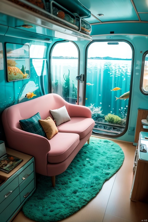  indoors, no humans, window, ground vehicle, scenery, fish, bubble, underwater, air bubble, train interior