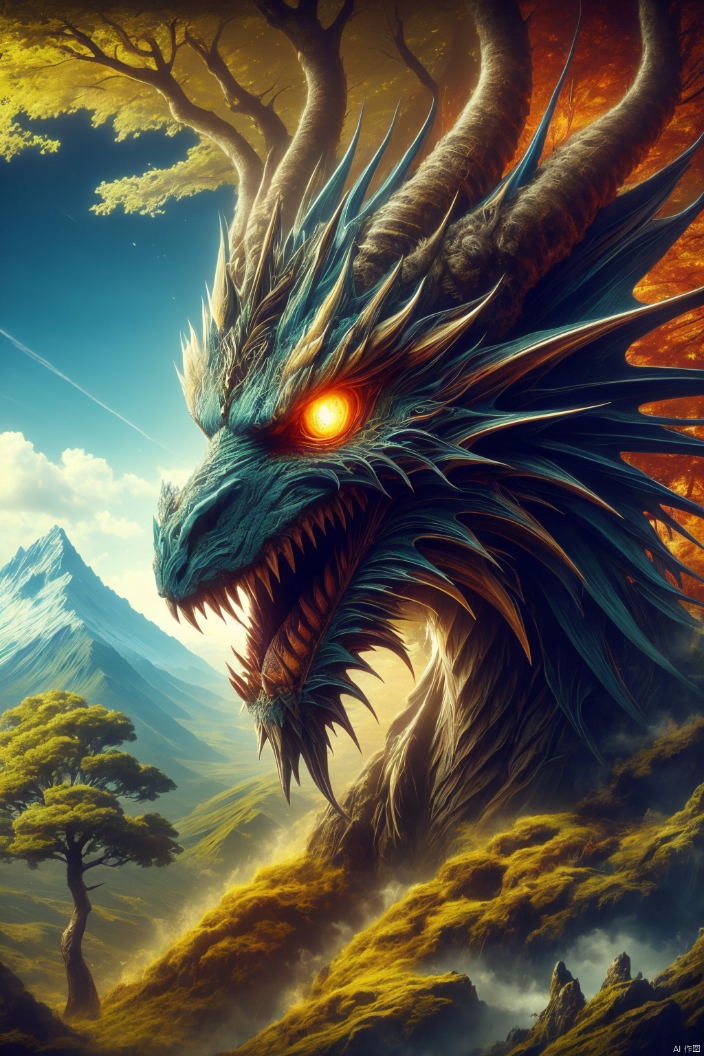 outdoors, sky, cloud, tree, no humans, glowing, nature, scenery, glowing eyes, forest, monster, mountain, dragon