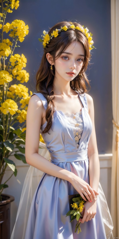  A beautiful young woman taking indoor photoshoot, wearing a flower crown made of various fresh flowers, holding a bouquet of bright rapeseed flowers. Standing in front of a pure purple-blue background, illuminated by soft and professional movie-level lighting that enhances her charm and the beauty of the flower crown. High-definition photo of the most beautiful artwork in the world featuring a girl with a flower crown and rapeseed flowers, indoor, soft light, trending on Unsplash, Purple Blue background, cinematic lighting, intricate, high detail, sharp focus, dramatic, photorealistic painting art by midjourney and greg rutkowski.