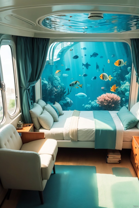  indoors, no humans, window, ground vehicle, scenery, fish, bubble, underwater, air bubble, train interior