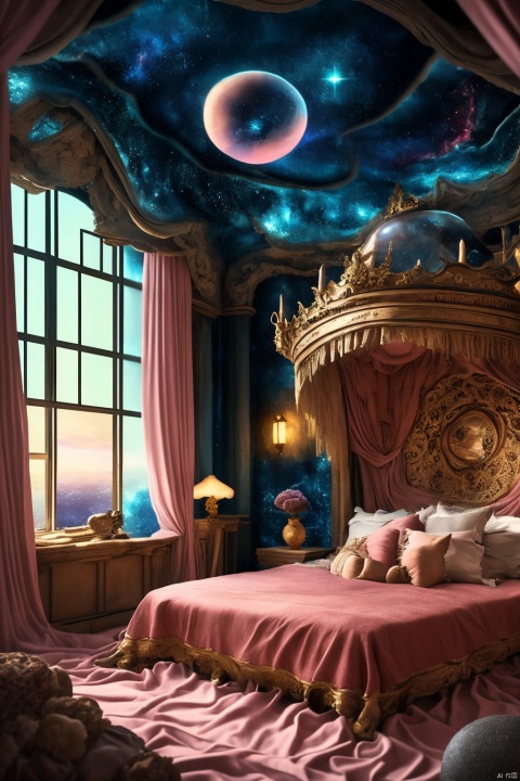 A dreamlike bedroom filled with wonders, walls adorned with paintings of various shapes and colors, the ceiling decorated with colorful lanterns, the bed covered with pink sheets, the bedside table adorned with various trinkets, a beautiful starry sky visible through the window, high quality picture, sharp focus, intricate details, vibrant colors, surreal, fantastical, magical, whimsical, dreamy, enchanting, serene, cozy, inviting, peaceful, tranquil, warm, comfortable, homely, welcoming, enveloping, embracing, captivating, mesmerizing, immersive, engaging, entrancing, bewitching, enchanting, alluring, captivating, enticing, enthralling, riveting, spellbinding, fascinating, mesmerizing, intoxicating, hypnotic, entrancing, alluring, captivating, enticing, enthralling, riveting, spellbinding, fascinating, mesmerizing, intoxicating, hypnotic, entrancing.