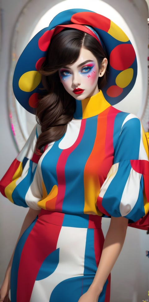  1girl, solo, looking at viewer, blue eyes, hat, upper body, lips, makeup, colored skin, facial mark, lipstick, multicolored clothes, red lips, facepaint, jester cap, colorful, multicolored headwear, clown, Light master, xiqing