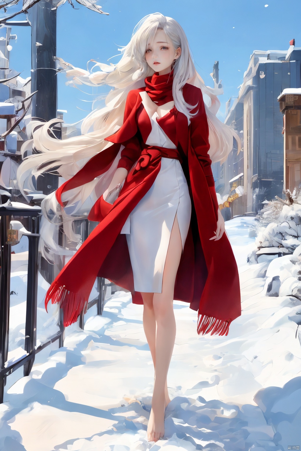  In the snow, a girl walking alone in the snow, wearing a red coat, long hair fluttering, white hair, red scarf, bare legs, bare feet, holding her body tightly, big eyes, her lips pressed together, she was about to cry, her long white hair fluttering in the wind, her delicate and beautiful face suppressed, step by step, the footprints behind her, the heavy snow, the biting wind blowing her scarf, in the distance is the continuous snow mountain, in this evening, helplessly forward, West Green, fashion,1girl, 1girl