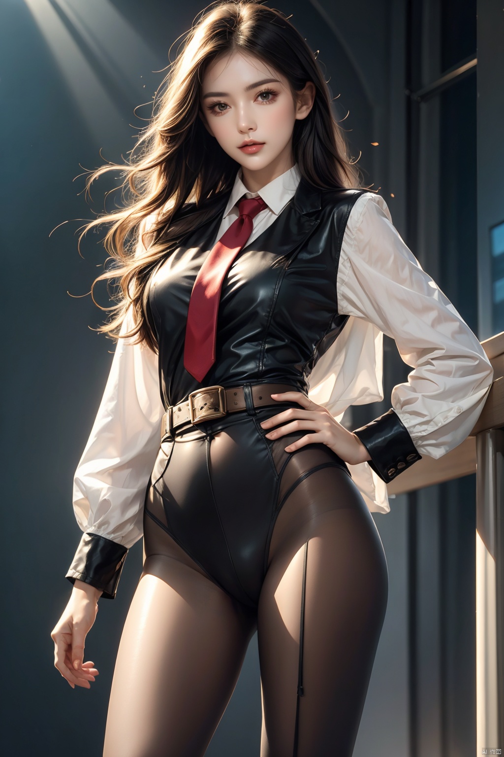  Masterpiece,best quality,official art,
Extremely detailed CG unit 8k wallpaper,realistic,light rays,light particles,
1 girl,solo,skin,pantyhose,play skin,black hair,necktie,
Long hair,pantyhose,standing,day,
(simple background:1.2),
Dynamic pose,looking at viewer,cowboy shot,breaks,hand on hip,belt,lips, ((poakl))