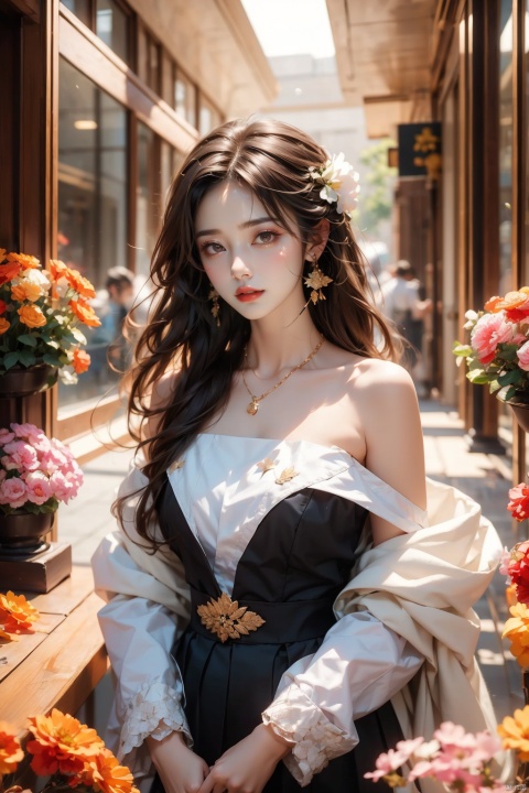  1 girl, jewelry, solo, earrings, long hair, forehead markings, black hair, necklace, bare shoulders, flowers, red lips, hair flowers, upper body, skirt, off shoulder, facial markings, head down, makeup, lips, candles, collarbones, long sleeves, tears streaming down, crying, Tyndall effect, 8k, large aperture, masterpiece of the century, sit, maple leaf, doorway, corridor, Sun on face, (\meng ze\)