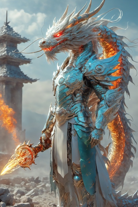  A cybernetic dragon king standing on a desolate battlefield, holding a high-tech weapon with cold light shining, its body covered by solid mechanical armor, behind it is a ruin and burning flames, smoke pervading the sky. High-definition image of a futuristic cyborg dragon king with advanced weapon, in a post-apocalyptic setting, digital art by Greg Rutkowski, trending on ArtStation, intricate details, sharp focus, dramatic, photorealistic painting art by midjourney and greg rutkowski., Oriental Dragon, particles