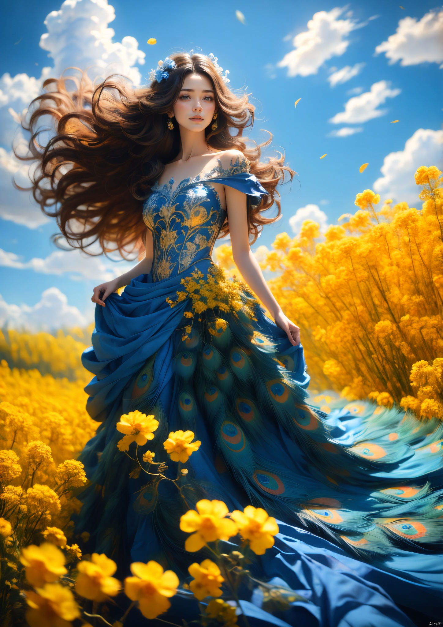  A girl wearing a peacock blue dress standing in the golden rapeseed flower field, her hair gently swaying in the breeze, bathed in sunlight, making her look like a fairy. Behind her is an endless sea of rapeseed flowers, with blue skies, white clouds, and rolling hills in the distance. High-definition photo of a girl in a peacock-blue dress standing in a rapeseed flower field, with long hair fluttering in the wind, bathed in golden sunlight, looking like a fairy, with a vast sea of rapeseed flowers, blue sky, white clouds, and rolling hills in the background. Sharp focus, high-quality picture, dramatic, photorealistic painting art by midjourney and greg rutkowski., Light master