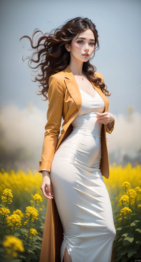 An elegant woman in an orange suit, wavy hair, standing in the fog, a field full of rape flowers, fog, fog, breeze make her clothes and hair slightly fluttering, famous artist, master of light art painting, high-definition photography, cover design