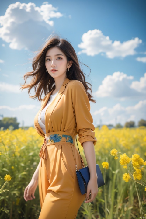  (grass:1.5), An elegant woman, dressed in an orange suit with wavy hair, stood in a field of flowering rape flowers against a background of blue sky and white clouds. The Breeze made the corners of her clothes and hair flutter slightly, famous artist, Master of light art painting, high definition photography, cover design, xiqing, (\meng ze\), Ink scattering_Chinese style, eluosi,huge breasts