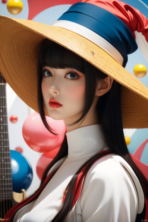  A person wearing a Memphis style outfit, with a large hat and holding a guitar, standing in front of a brightly colored geometric background. The face is relaxed and happy, surrounded by colorful balls of various colors. High resolution image, trending on ArtStation, trending on CGSociety, Intricate, High Detail, Sharp focus, dramatic, photorealistic painting art by midjourney and greg rutkowski.