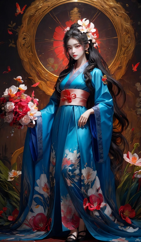 high detail,best quality,wallpaper,beautiful lighting,overexposure,neon palette,from below,full body,1girl,orchid fingers,illustration,best quality,masterpiece,chinese clothes, hanfu,kimono,hair strand,expressive hair,colored inner hair,shiny hair, spider lily, long hair,jewelry, flower, butterfly, hair ornament, solo, long hair, forehead mark, bouquet, white hair, holding,red eyes,look at the viewer ,firefly, 1girl, (\meng ze\), Light master