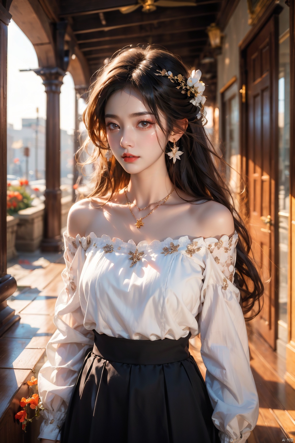  1 girl, jewelry, solo, earrings, long hair, forehead markings, black hair, necklace, bare shoulders, flowers, red lips, hair flowers, upper body, skirt, off shoulder, facial markings, head down, makeup, lips, candles, collarbones, long sleeves, tears streaming down, crying, Tyndall effect, 8k, large aperture, masterpiece of the century, sit, maple leaf, doorway, corridor, Sun on face, (\meng ze\)