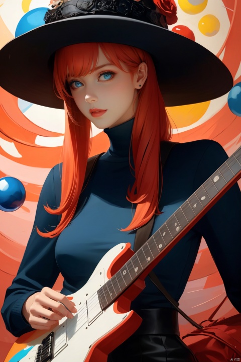  A person wearing a Memphis style outfit, with a large hat and holding a guitar, standing in front of a brightly colored geometric background. The face is relaxed and happy, surrounded by colorful balls of various colors. High resolution image, trending on ArtStation, trending on CGSociety, Intricate, High Detail, Sharp focus, dramatic, photorealistic painting art by midjourney and greg rutkowski., hy, tm