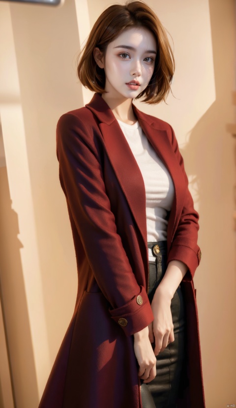  Girl, red wool coat, pretty face, short hair, blonde hair, (photo reality: 1.3) , Edge lighting, (high detail skin: 1.2) , 8K Ultra HD, high quality, high resolution, best ratio of four fingers and one thumb, (photo reality: 1.3) , wearing a red coat, white shirt inside, large breasts, solid color background, solid red background, advanced feeling, texture pull full, 1 girl, xiqing, hszt, xiaxue, dongji, Light master, ((poakl))