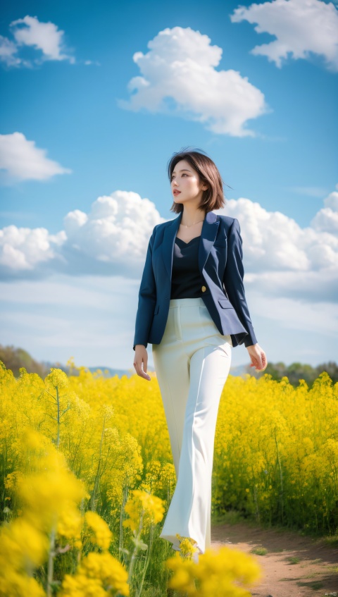 A elegant woman in a dark suit with golden short hair, standing in a field of blooming rapeseed flowers against a backdrop of blue sky and white clouds, gentle breeze blowing, causing her clothes corner and hair to flutter slightly, high quality full HD picture, art painting by famous artist.