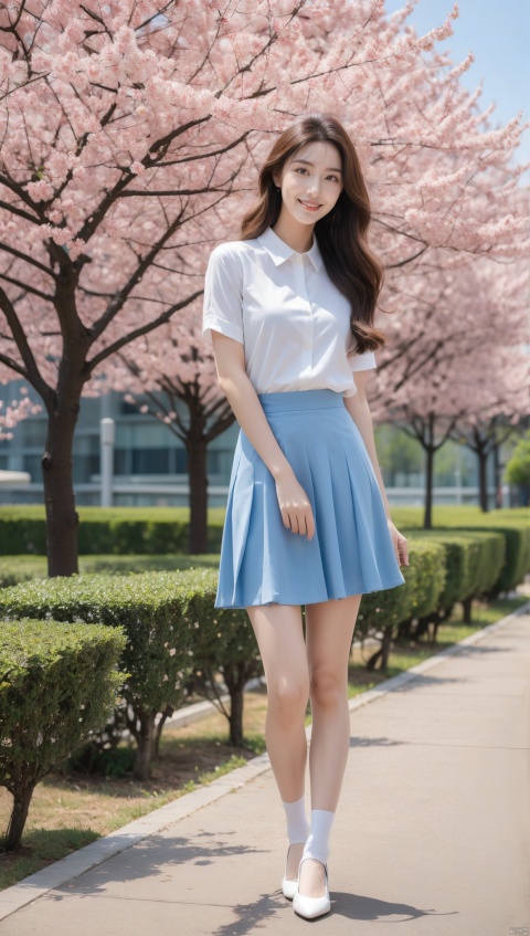 Best Quality, Super High Resolution, a girl (full body photo,) outdoors, white clothes, blue skirt, JK, uniform, long hair fluttering, cherry blossom background, Blue Sky White Clouds, breeze, side face, looking to the side