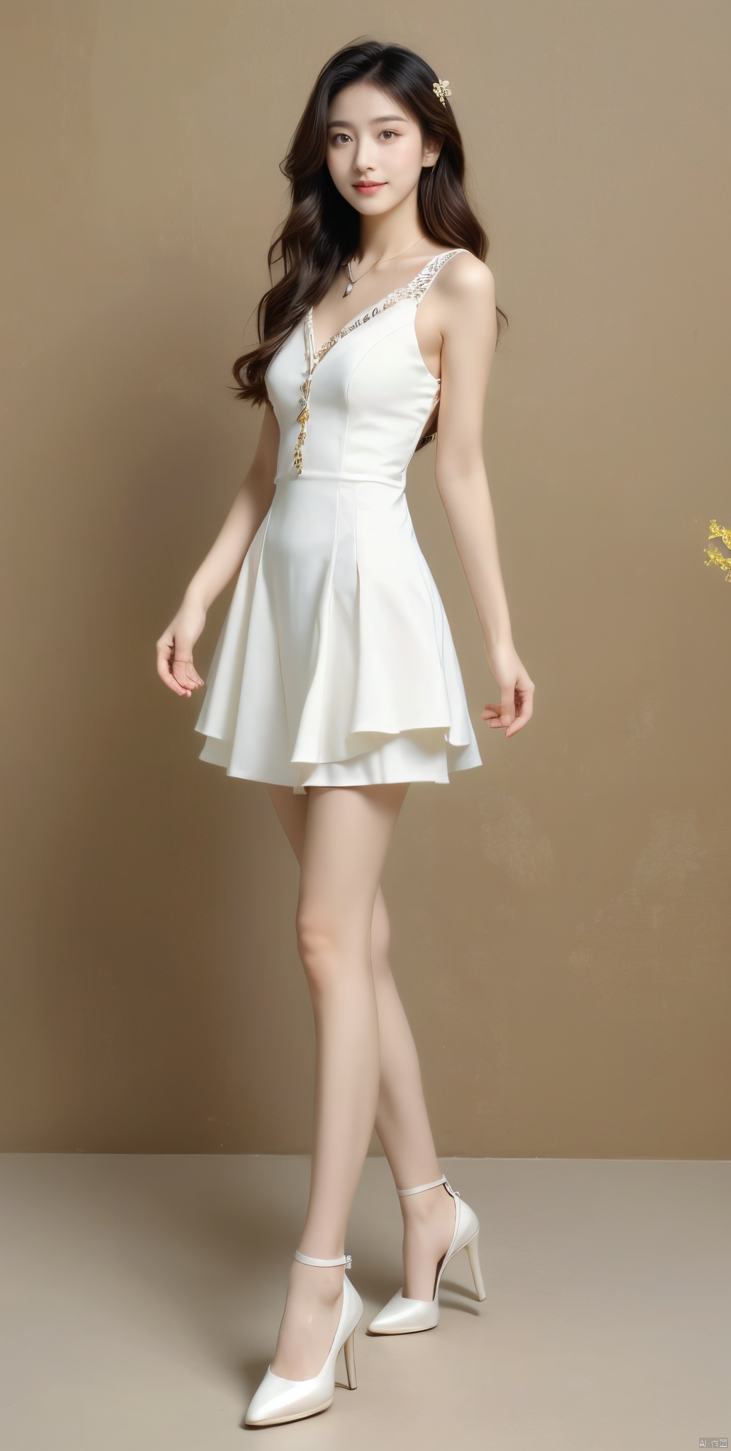  (highest quality, best quality, official art, beauty and aesthetics: 1.2) , (1 fantasy girl) , very detailed, long shapeless hair, colorful, highest detail. Background in the rape flower sea, surrounded by rape flower, above knee angle breast is small and b size, a slender, cleavage is visible. Thin and beautiful legs, skin white and transparent, high-heeled shoes, ruby jewelry, sapphire, high-heeled shoes, 1girl, lvshui-green dress