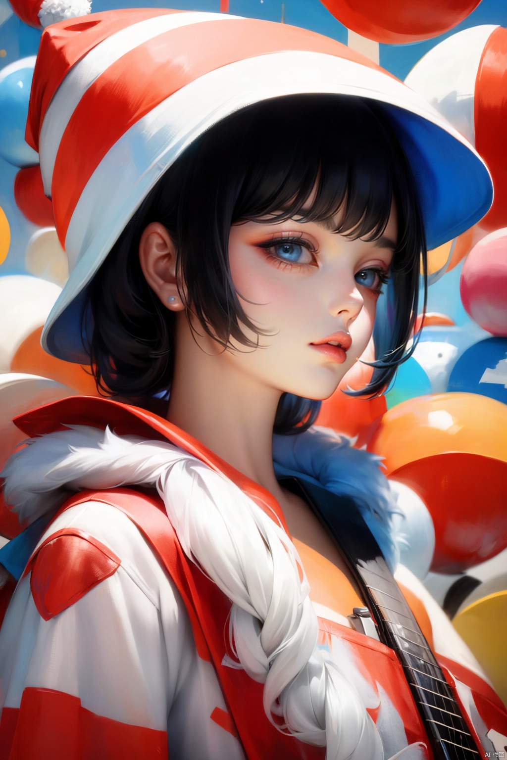  A person wearing a Memphis style outfit, with a large hat and holding a guitar, standing in front of a brightly colored geometric background. The face is relaxed and happy, surrounded by colorful balls of various colors. High resolution image, trending on ArtStation, trending on CGSociety, Intricate, High Detail, Sharp focus, dramatic, photorealistic painting art by midjourney and greg rutkowski.