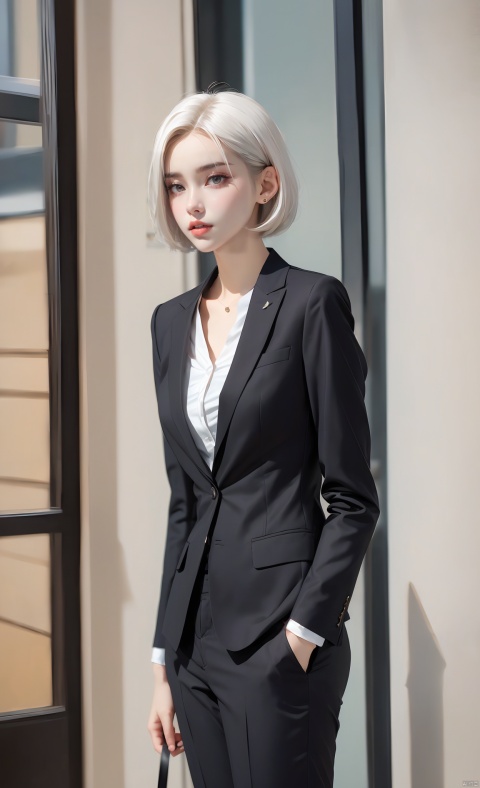 A girl, in a suit, short white hair, HD photography, HD 16K, ((poakl))