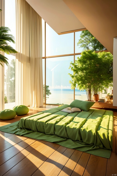  lying, indoors, tree, pillow, book, no humans, window, bed, leaf, sunlight, sleeping, plant, curtains, scenery, wooden floor, blanket