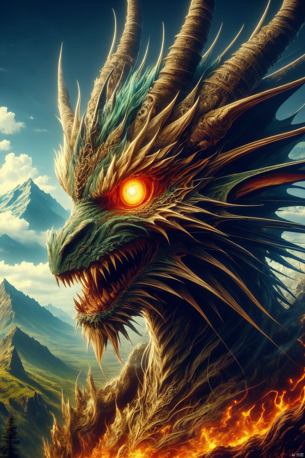 outdoors, sky, cloud, tree, no humans, glowing, nature, scenery, glowing eyes, forest, monster, mountain, dragon